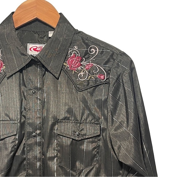 Roper Black Snap Button Embroidered Western Button Front Shirt Size Medium - Picture 4 of 6